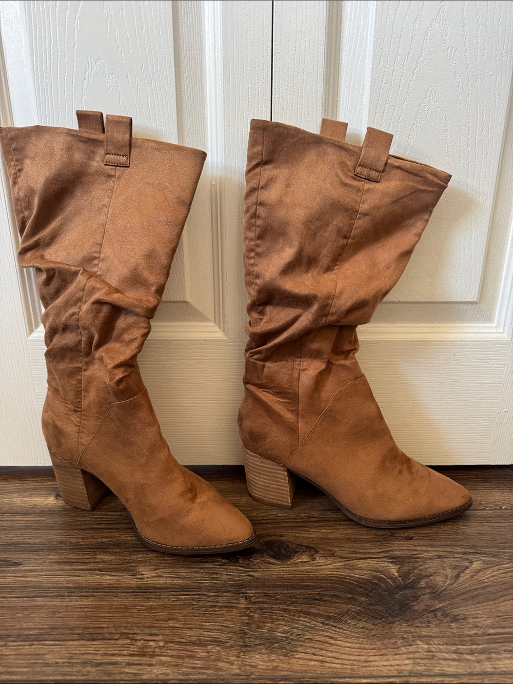 Women's Suede Slouch Mid-Calf Heeled Boots - Brown